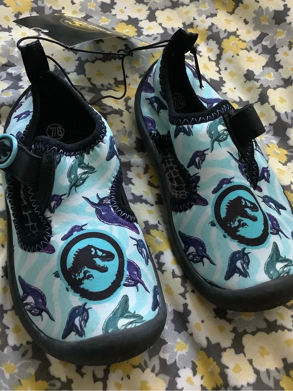 Kids Light Blue Dino & Dolphin Water Shoes with Easy-Fit Strap